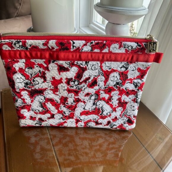 NWOT - Carolina Herrera Neiman Marcus Makeup Bag Red w/White Dogs Padded - Picture 1 of 10